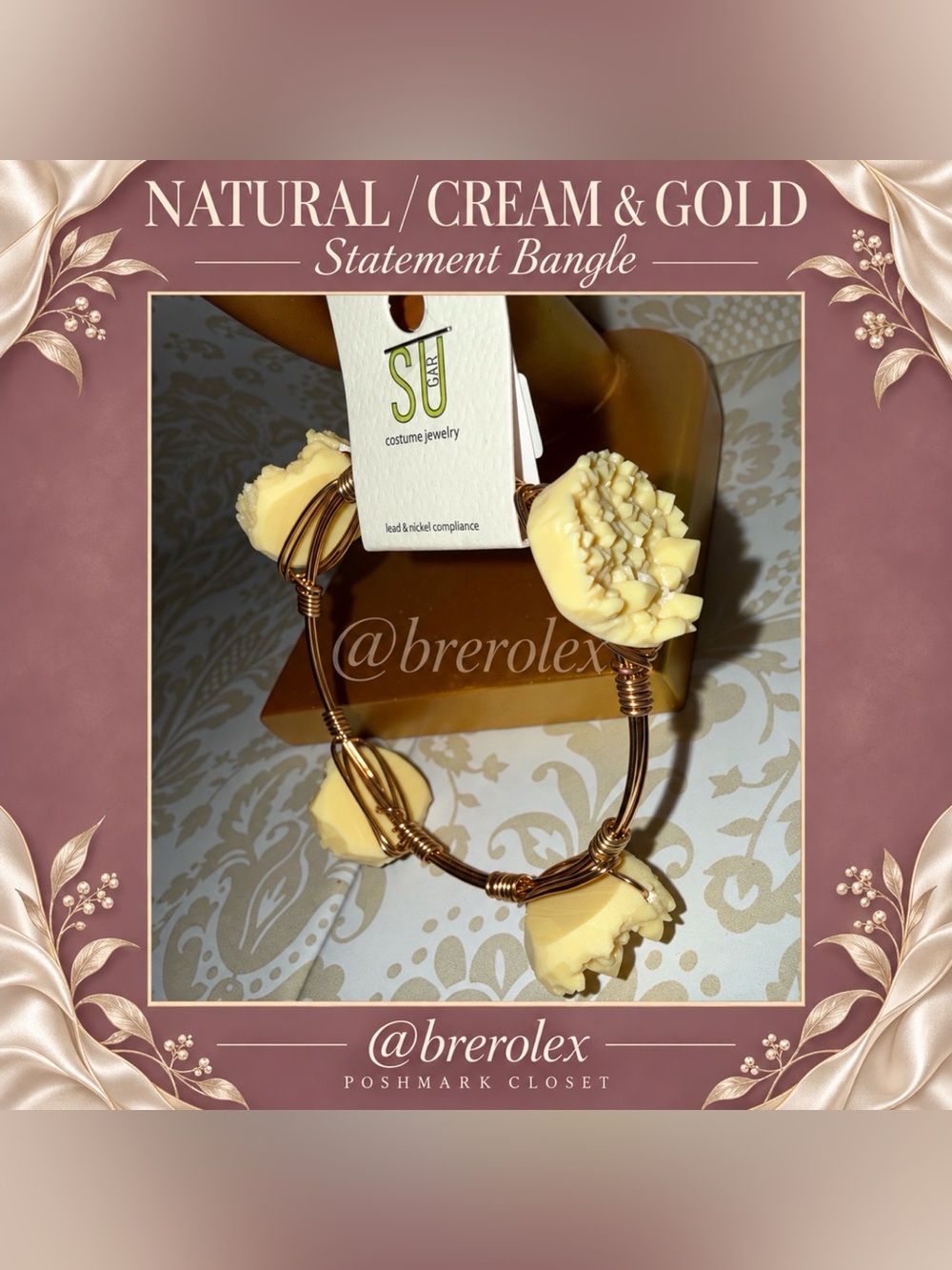 SUGAR Natural Cream Faux Druzy-Look Gold-Tone Wire-Wrapped Statement Bangle